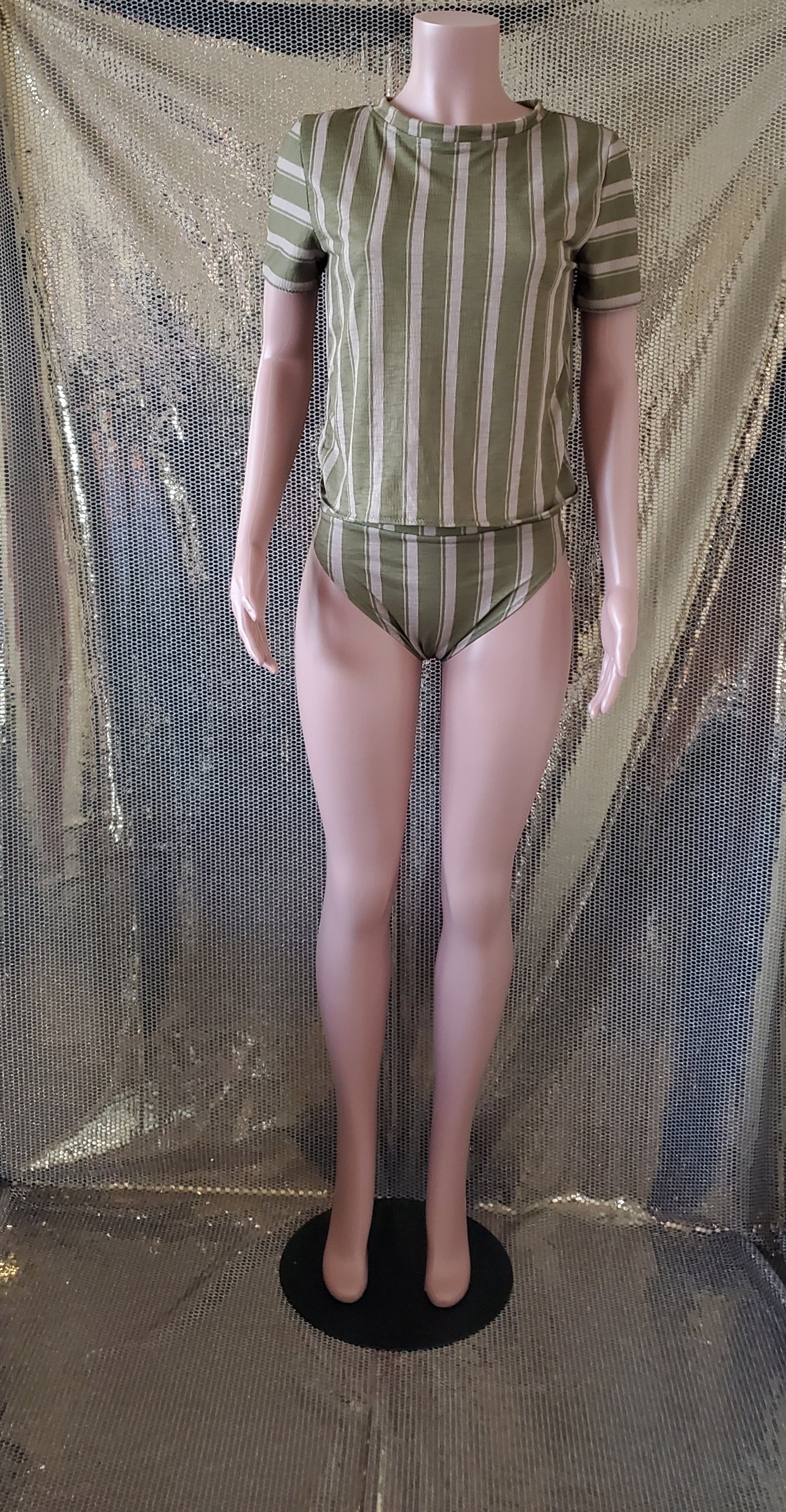 Olive Green Striped T-Shirt and Panty Sleeper Set