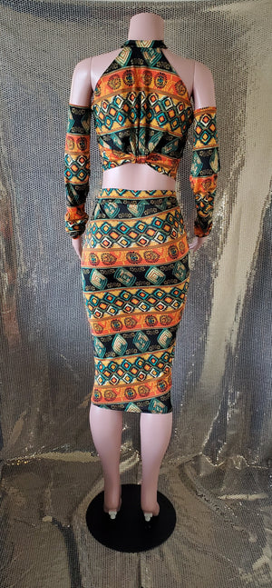Abstract Multicolored Cold Shoulder Skirt Set