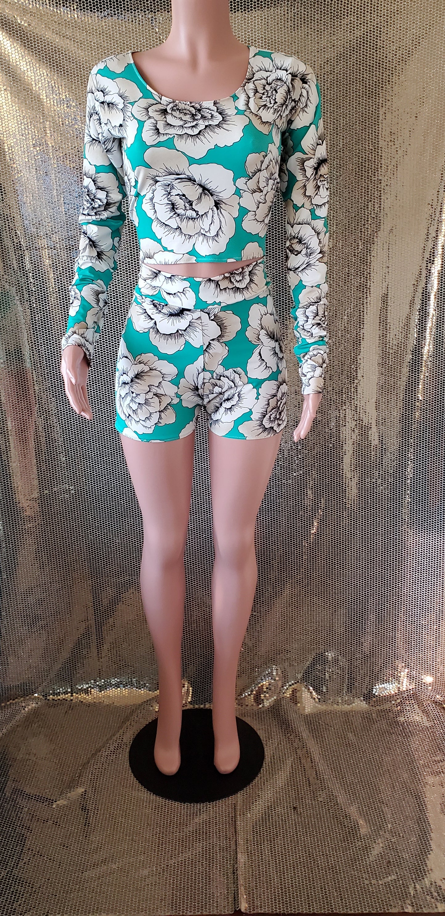Turquoise Floral Long Shorts 2 Piece Set