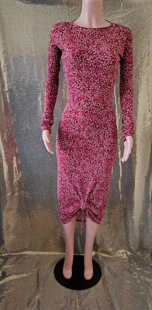 Open Back Floral Cranberry Scrunch Dress