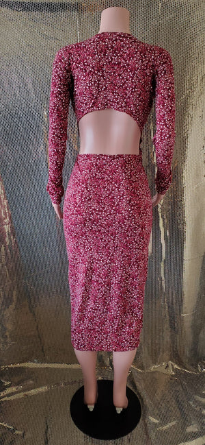 Open Back Floral Cranberry Scrunch Dress